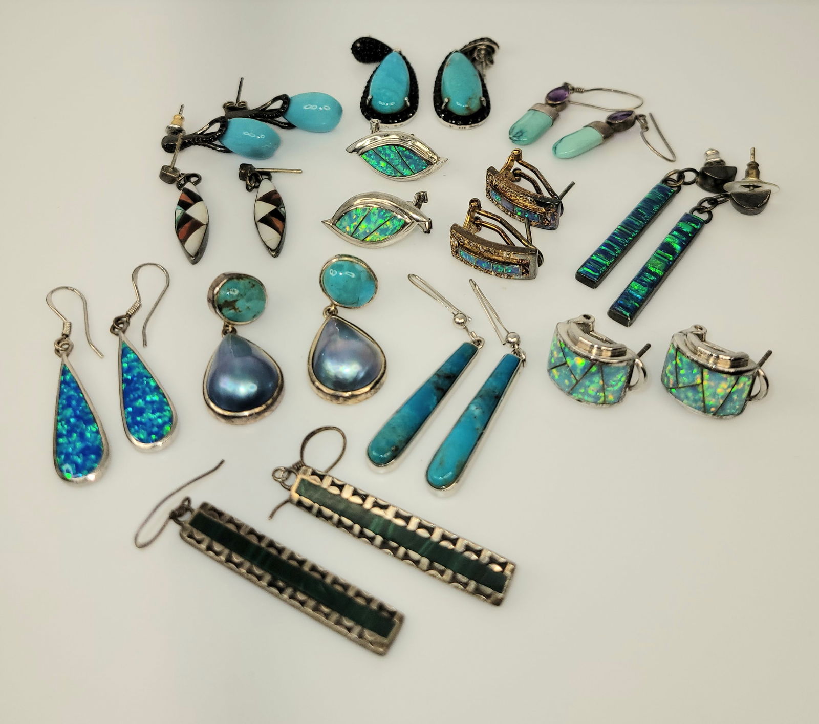 Irene Cara Estate Silver Turquoise And Costume Earrings COA: Irene Cara Estate silver turquoise and costume earrings COA. 5 pair marked sterling or 925, one of those possible malachite with Native American monogram VM, others appear to be synthetic and or with