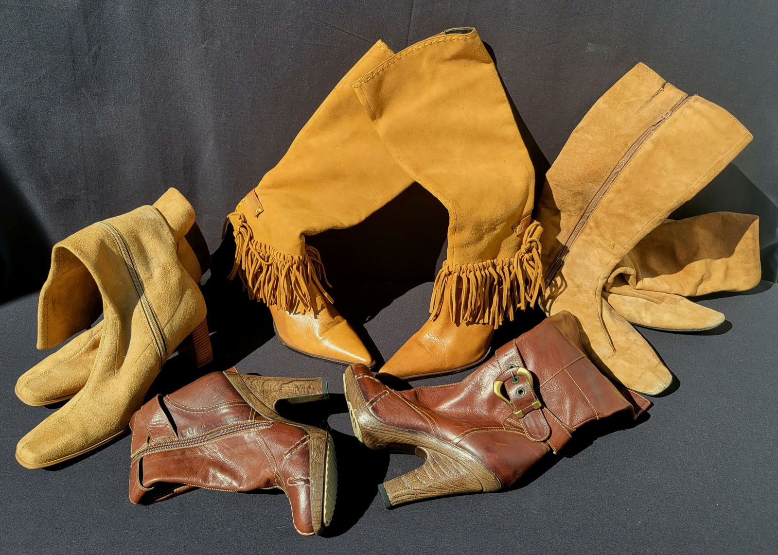 Irene Cara Estate 4 Pair High Leather Pleather Zip Up Winter Heeled Boots COA: Irene Cara Estate 4 Pair High Leather Pleather Zip Up Winter Heeled Boots COA. Fringe are Michelle K Brazil size 8, also a Candres pleather size 8 M, a China leather upper size 7.5 M and leather upper