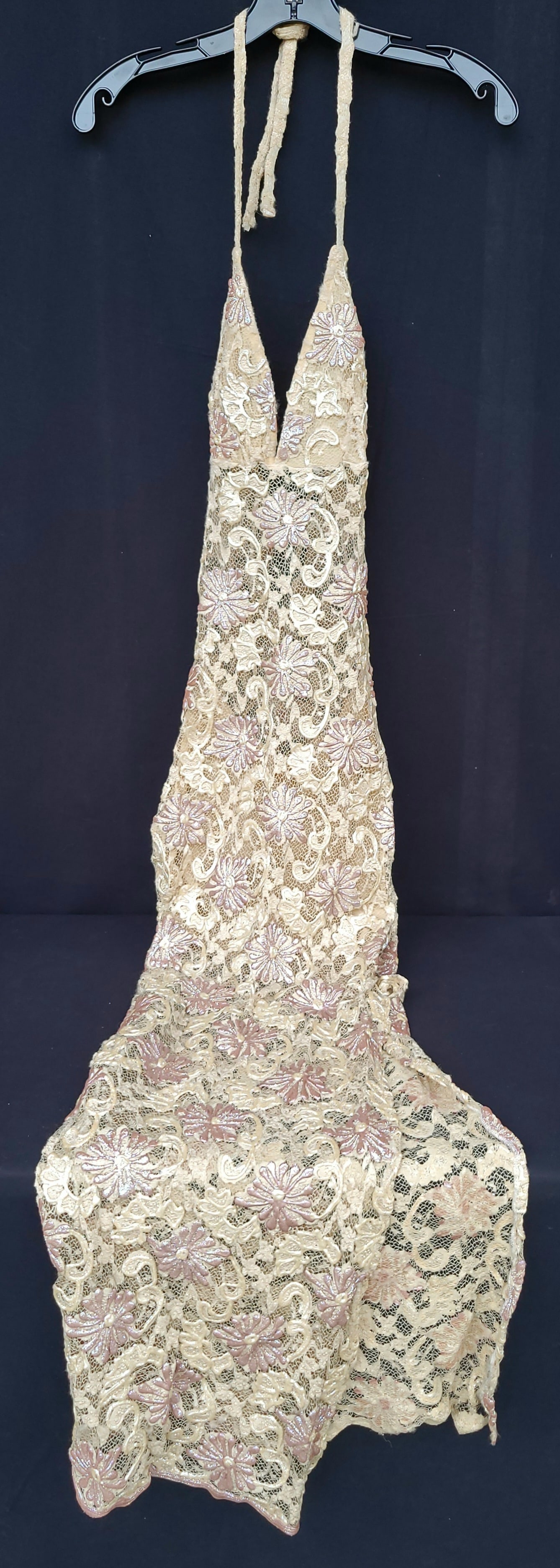 Irene Cara Estate Fishnet Puff Paint Halter Dress Slit Side Glitter COA: Irene Cara Estate Fishnet Puff Paint Halter Dress Slit Side Glitter COA. Aprox 53in to top of cups with a long tie extending upwards from each, aprox 46in long under arms, under bust aprox 26in to 27i
