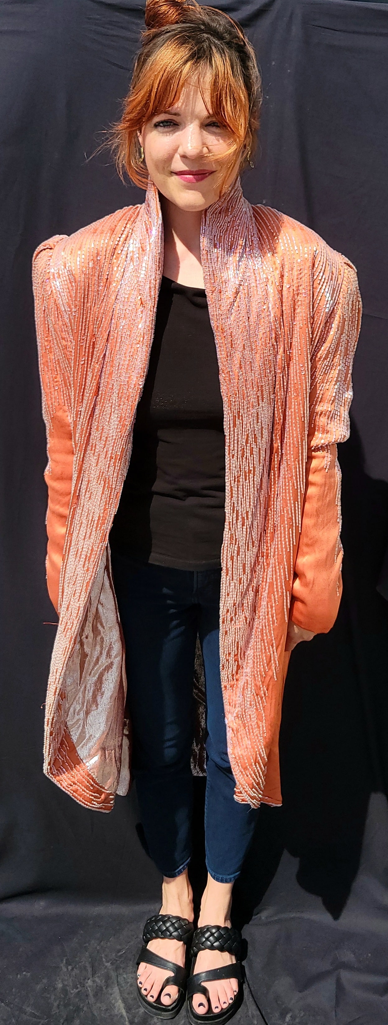 Irene Cara Estate Pzazz Hollywood Coral Beaded Sequin Silk Long Jacket COA (1 of 3)