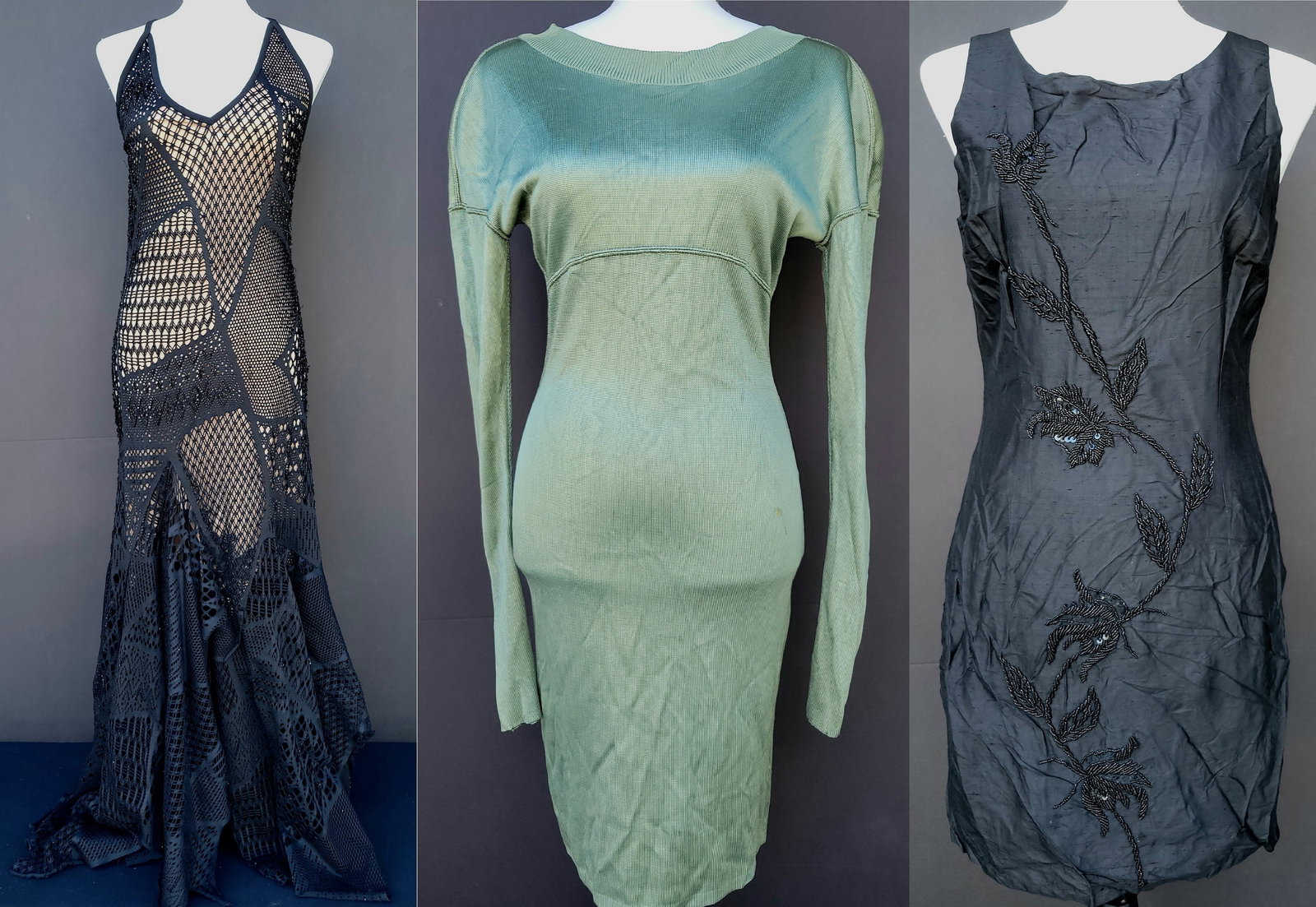 Irene Cara Estate 3 Fashion Dresses Incl Beaded And French COA: Irene Cara Estate 3 Fashion Dresses Incl Beaded And French COA. Including a Christyne Forti beaded lined crochet knit long halter dress in poly spandex blend size 6, an A list by Wrapper beaded and se