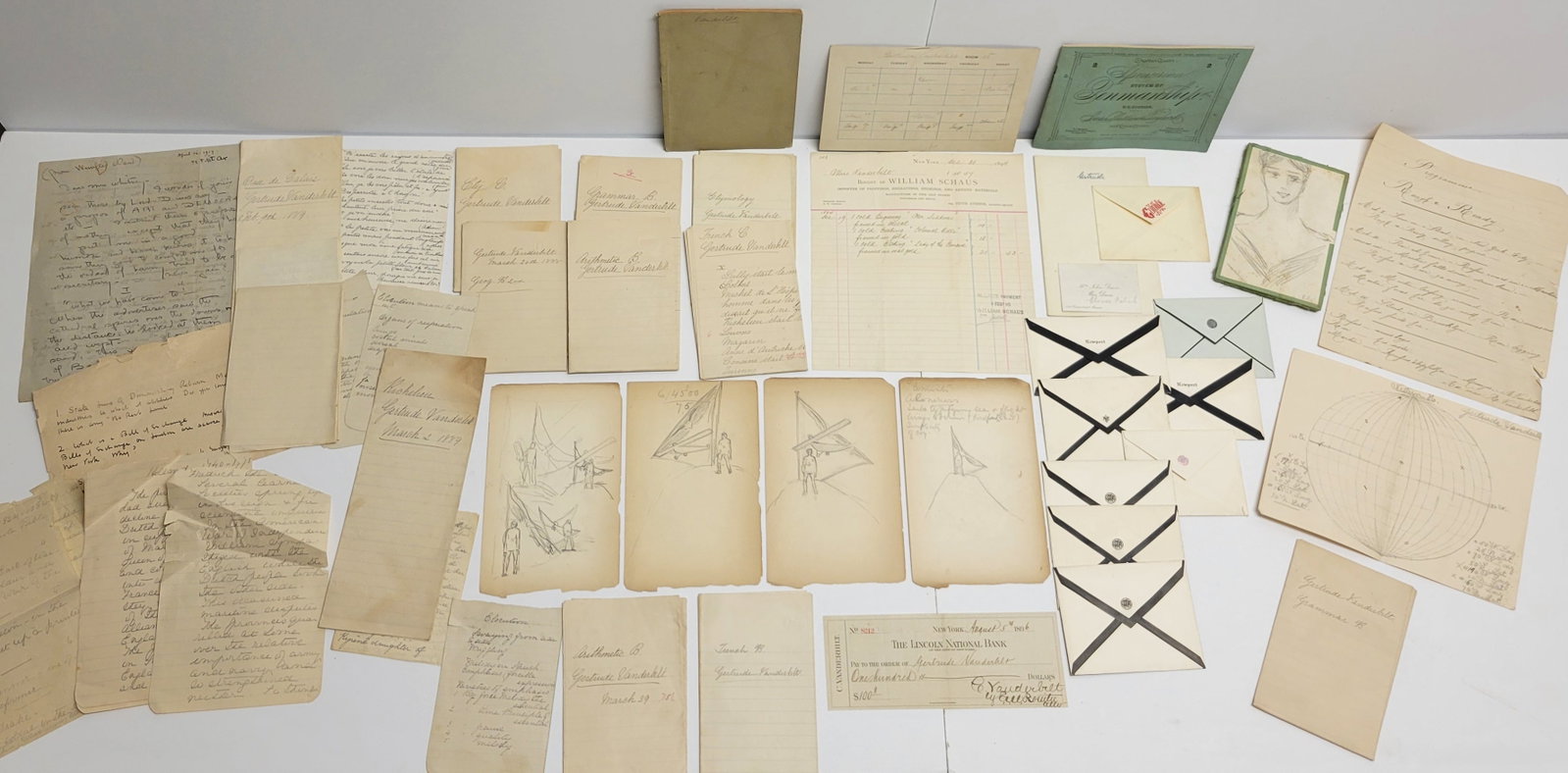 Gertrude Vanderbilt 1890 Schoolgirl Lessons First Art Purchase Cornelius Check Aviator Drawings: Gertrude Vanderbilt 1890 Schoolgirl Lessons First Art Purchase Cornelius Check Aviator Drawings. Over a dozen 1889 to 1890 GVW childhood written homework assignments incl French and a globe drawing, w