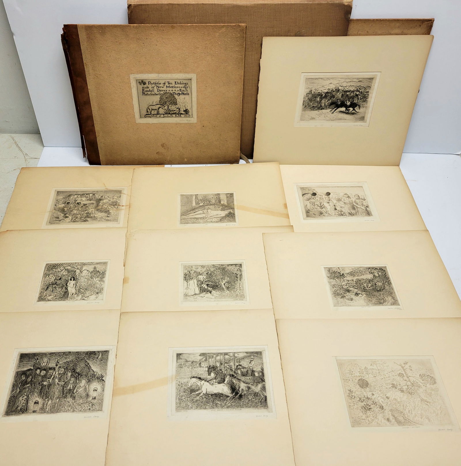 Gertrude Vanderbilt Whitney Archive Randall Davey 10 Etching Portfolio Ed30 Santa Fe 1921 New Mexico: Gertrude Vanderbilt Whitney Archive Randall Davey 10 Etching Portfolio Ed30 Santa Fe 1921 New Mexico Signed. Ten matted etchings loose in a folio, each hand signed in pencil in the lower margin and ad