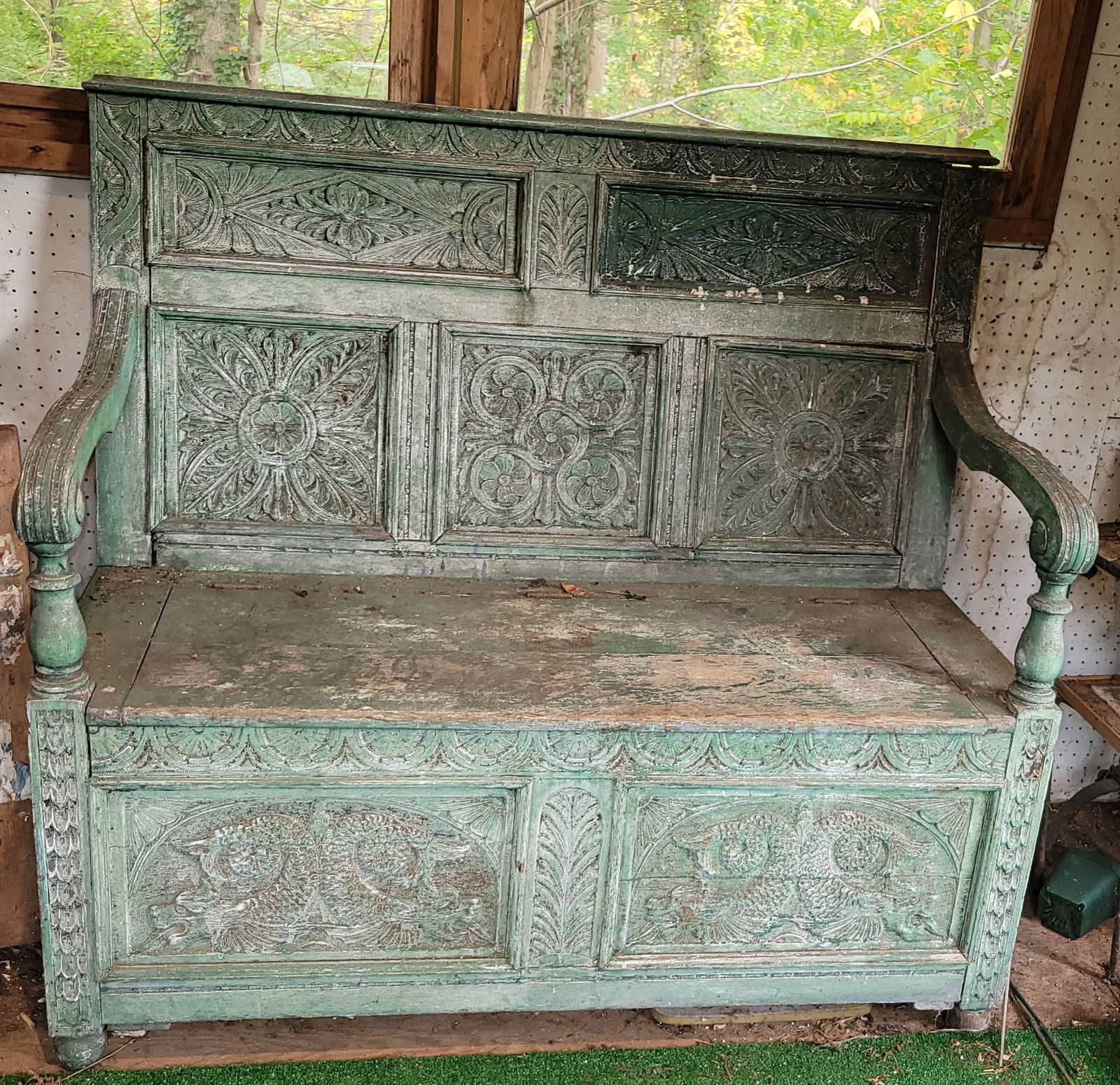 Gertrude Vanderbilt Studio Carved Oak Bench with Garden Paint Patina (1 of 9)