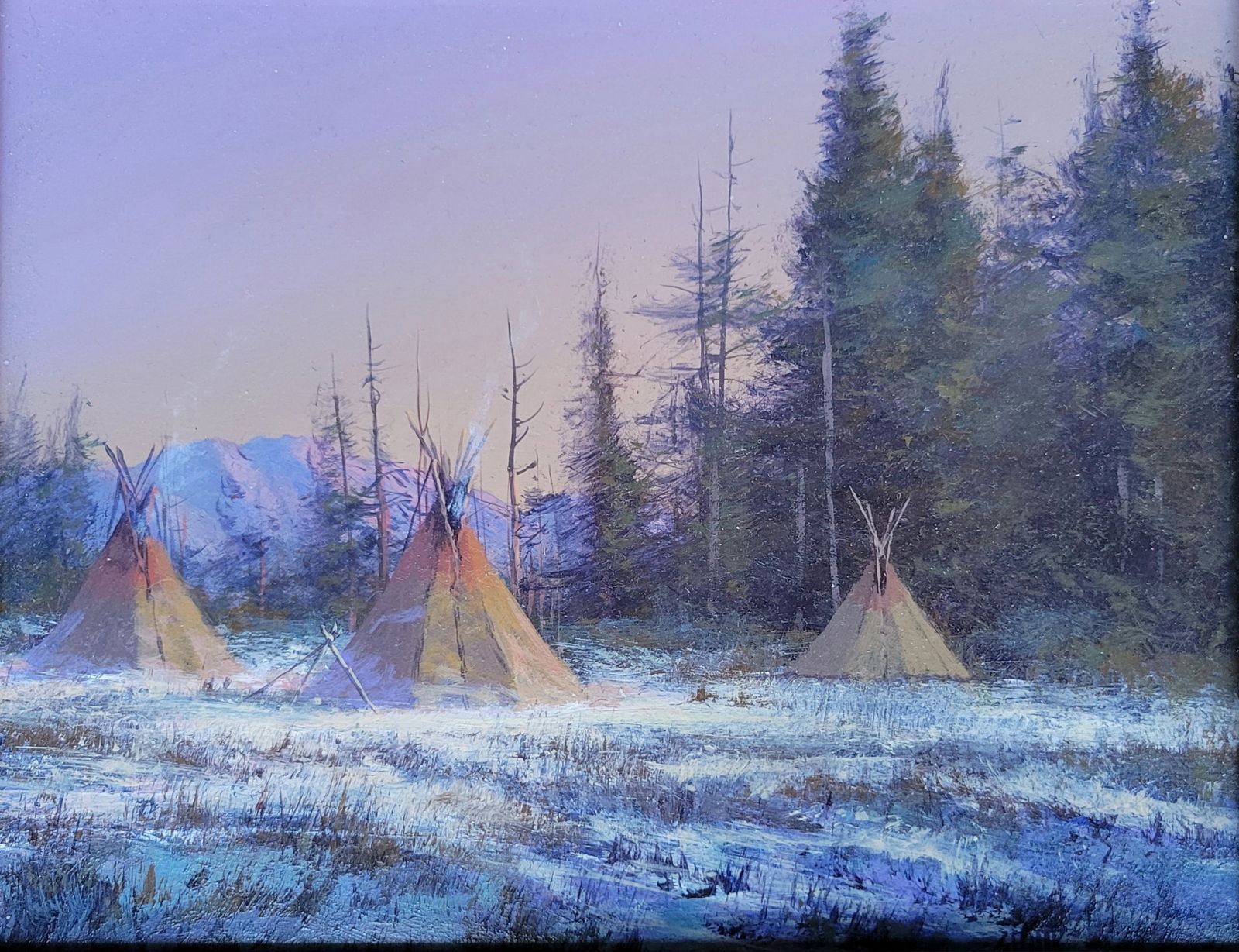 Gulf Coast Estate Mark Geller Native American Subject Painting Winter Green Teepee Landscape (1 of 3)