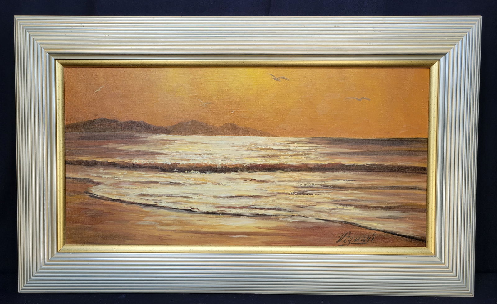 Gulf Coast Estate Florida Artist John T Vignari 1974 Golden Light Seascape Sunset Oil (1 of 2)