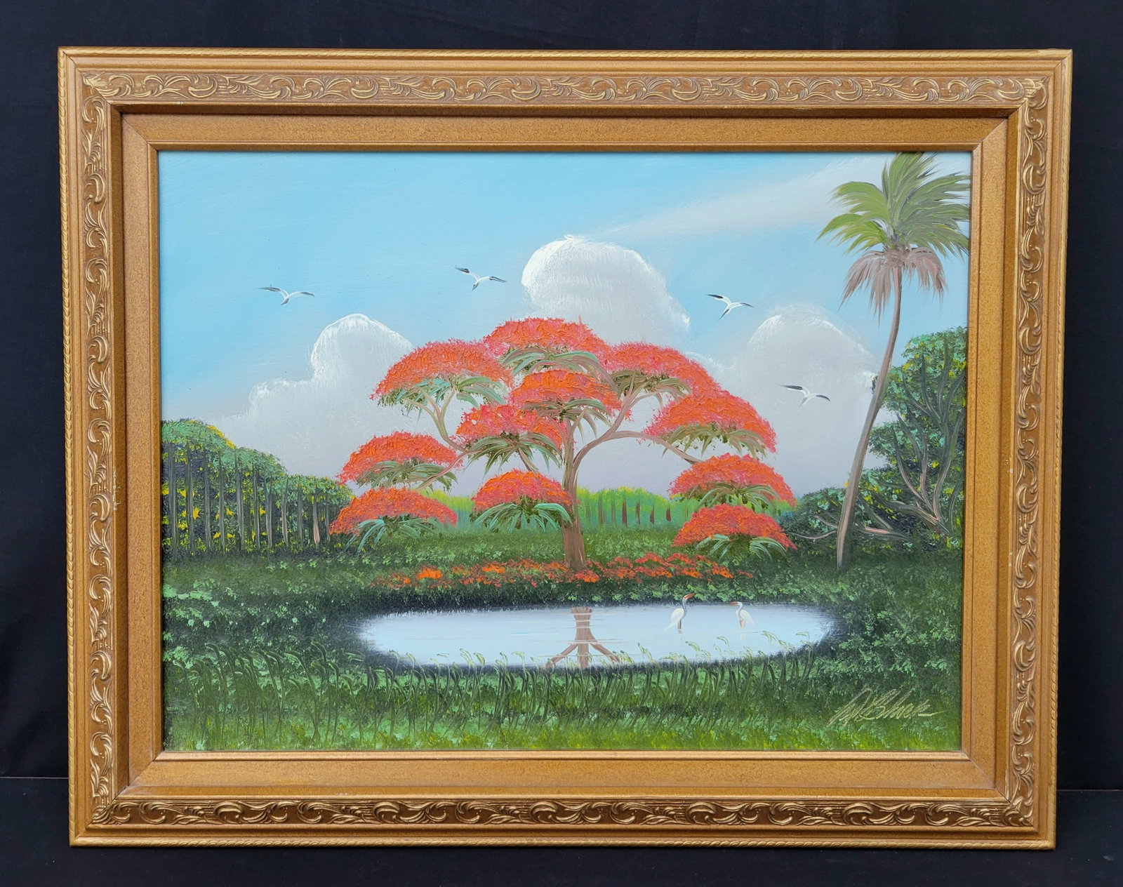 Floridiana Home Al Black FL Highwaymen Royal Poinciana And Palm African American Outsider Folk Art: Floridiana Home Al Black FL Highwaymen Royal Poinciana And Palm African American Outsider Folk Art Painting. Oil on canvas, 18in x 24in, 24in x 30in x 1.625in framed, signed lower right in the paint, 