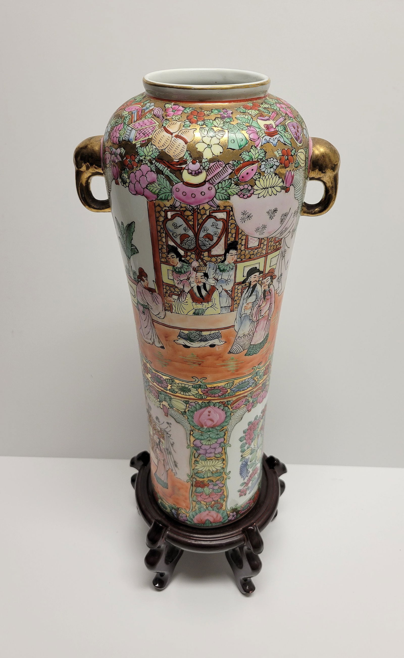 Klarich Collection Lg Signed Chinese Rose Medallion 16 Inch Gilt Elephant Handle Vase 6 Character (1 of 2)