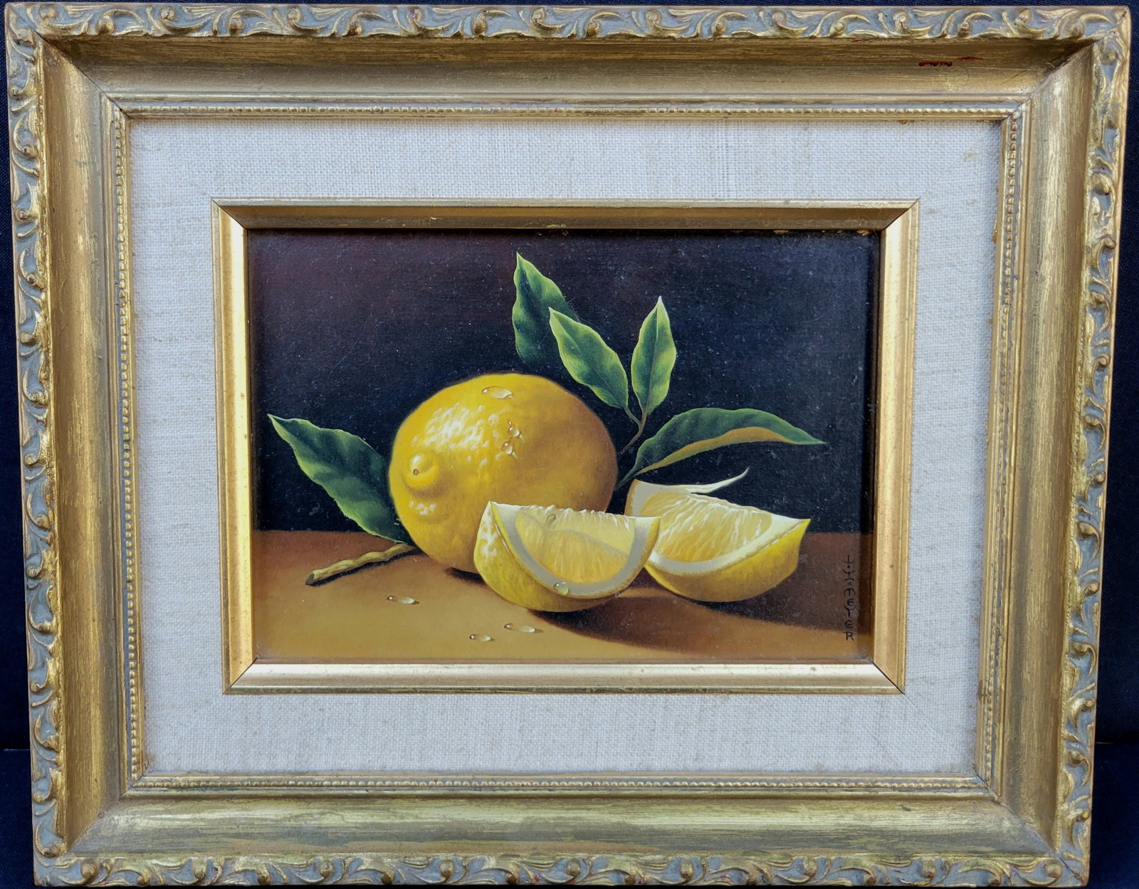 Local Collection Superb Photorealist Signed Meyer Meter Still Life Oil Lemons Ca1978 Illegible: Local Collection Superb Photorealist Signed Meyer Meter Still Life Oil Lemons Ca1978 Illegible Unknown Mystery Artist. Oil on masonite, 5in x 7in, 8.75in x 10.75in x 1in framed, signed illegibly indis