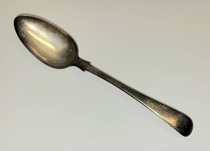 Local Collection 1787 Hester Bateman Sterling Serving Spoon 2ozt 8.6in London Silver Monogram: Local Collection 1787 Hester Bateman Sterling Serving Spoon 2ozt 8.6in LondonSilver Monogram. 8.625in, old USD 385.00 price tag verso, multi letter monogram, hallmark partially superimposed over duty