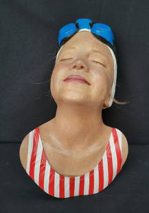 Boca Raton Collector Carole Feuerman 1995 Swimmer Bust Relief Wall Sculpture Statue Figure: Boca Raton Collector Carole Feuerman 1995 Swimmer Bust Relief Wall Sculpture Statue Figure. Young female swimmer emerging from the water dripping wet wearing Speedo goggles and a striped bathing