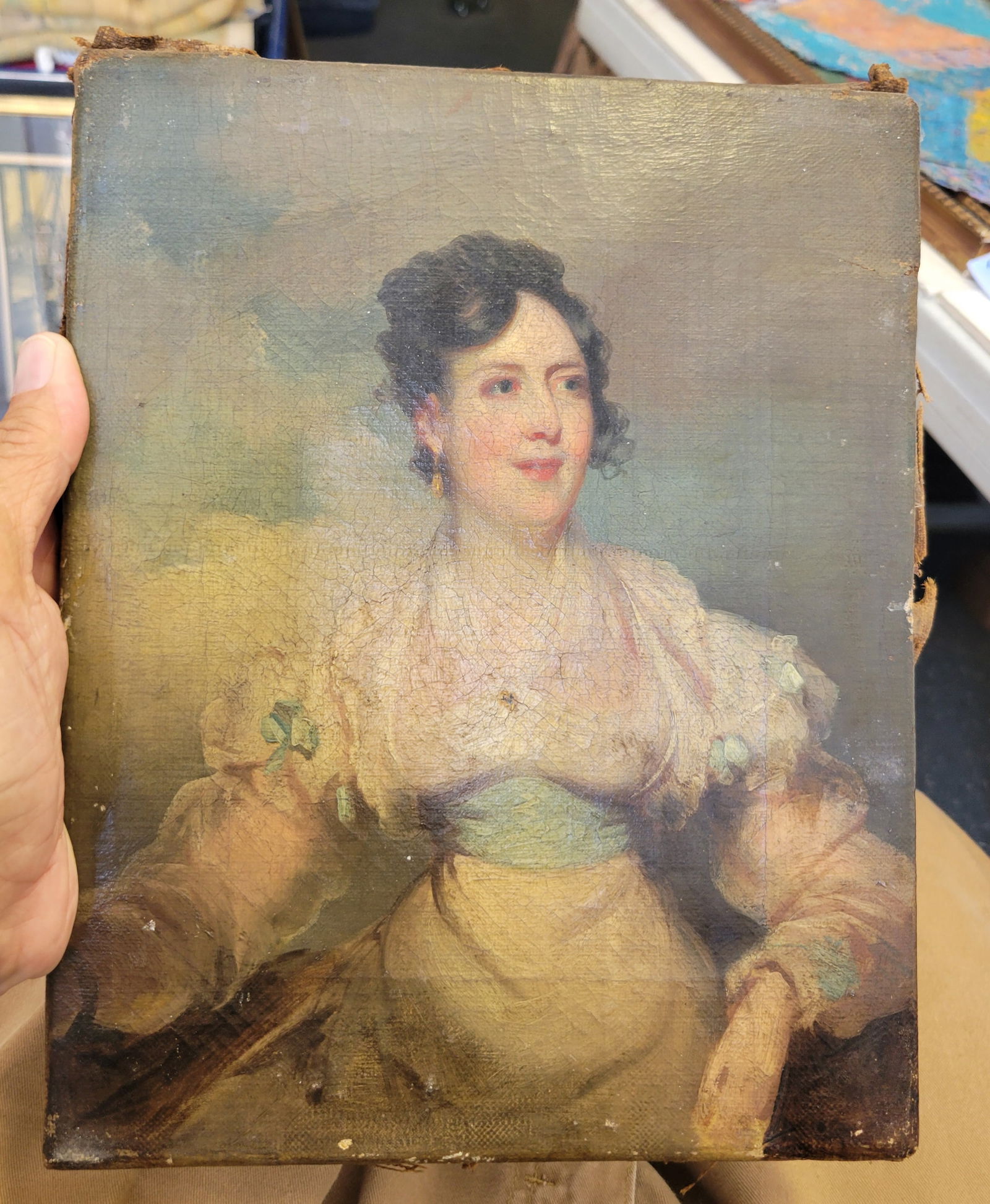 English Gainsborough Era Romantic 11in x 9in Lady Gown Portrait Lawrence Raeburn Manner Early 19c (1 of 5)