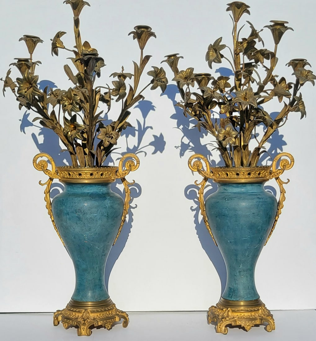 Large Antique Pair Bronze Mounted Candleabrum Vase Bases Gilt Floral Candle Holders French Or (1 of 9)