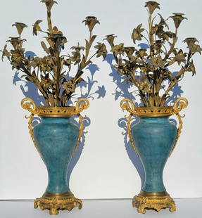 Large Antique Pair Bronze Mounted Candleabrum Vase Bases Gilt Floral Candle Holders French Or: Provenance: Waterfront Bayshore Tampa Florida 50 year collector estate, name withheld by heirs.Description: Large Antique Pair Bronze Mounted Candleabrum Vase Bases Gilt Floral Candle Holders French O