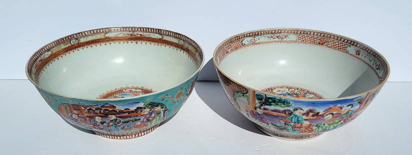 Pair Antique Chinese Famille Rose Mandarin Medallion Scenic 10.5in Bowls: Provenance: Waterfront Bayshore Tampa Florida 50 year collector estate, name withheld by heirs.Description: Pair Antique Chinese Famille Rose Mandarin Medallion Scenic 10.5in Bowls. 4.5in high x 10.5i