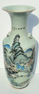 Large Antique Chinese Famille Rose Verte Qing Foo Handle Blue Lion Mountain Landscape Poetry Signed: Large Antique Chinese Famille Rose Verte Qing Foo Handle Blue Lion Mountain Landscape Poetry Signed Or Stamped On Sides 23in Porcelain. 23in high, 9in at widest point.SHIPPING and PICKUP: All lots in