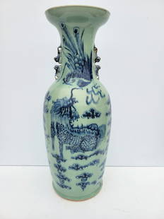 Large Antique Chinese Celadon Blue Decorated Dragon Phoenix Cloud Figural Handled Vase 23.3in Qing: Large Antique Chinese Celadon Blue Decorated Dragon Phoenix Cloud Figural Handled Vase 23.3in Qing Porcelain. 23.375in high, 8.5in at widest point.SHIPPING and PICKUP: All lots in this sale are