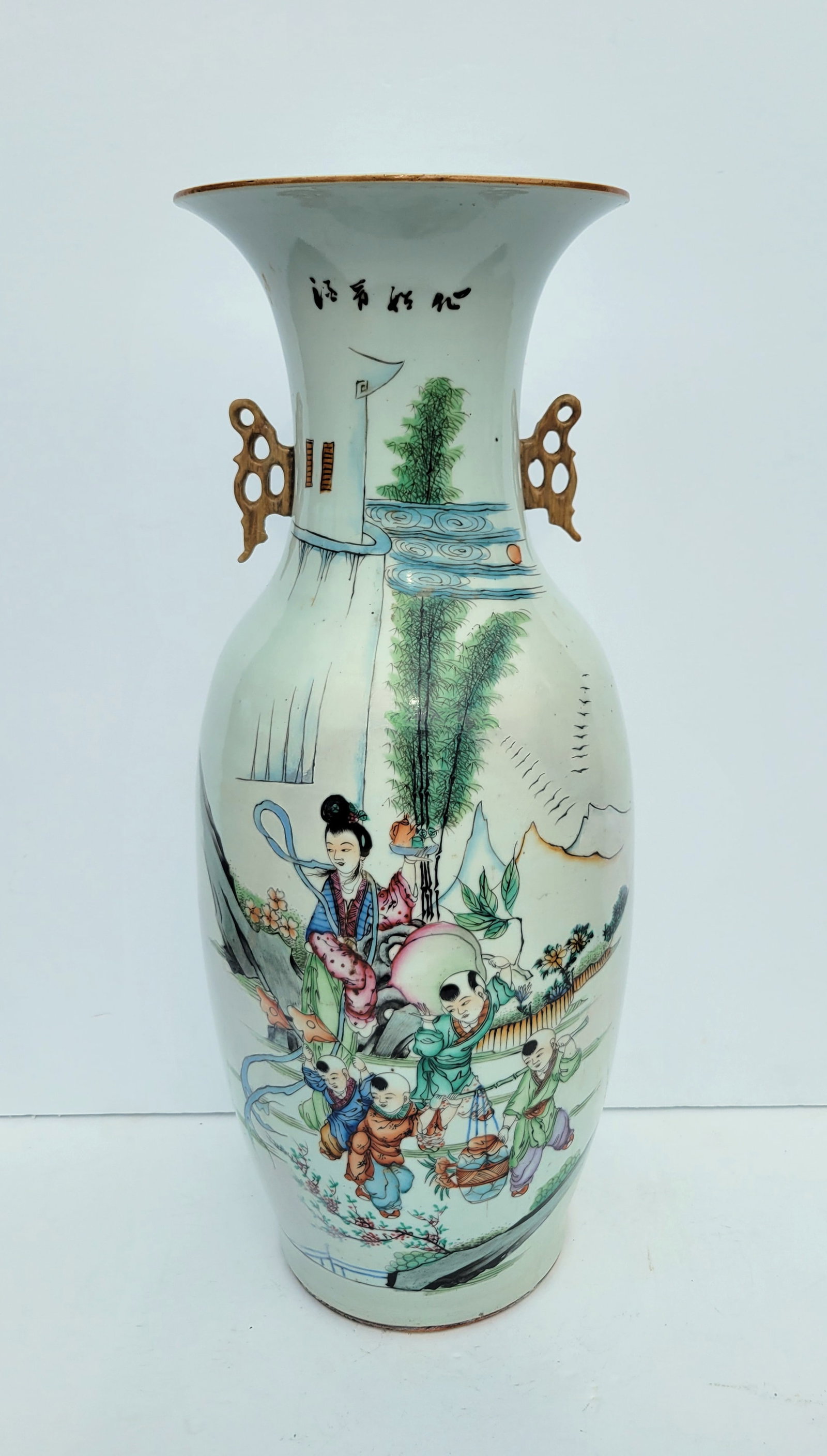Large Antique Chinese Famille Rose Verte Vase Qing Handled Children Woman Tea Calligraphy Poetry (1 of 6)