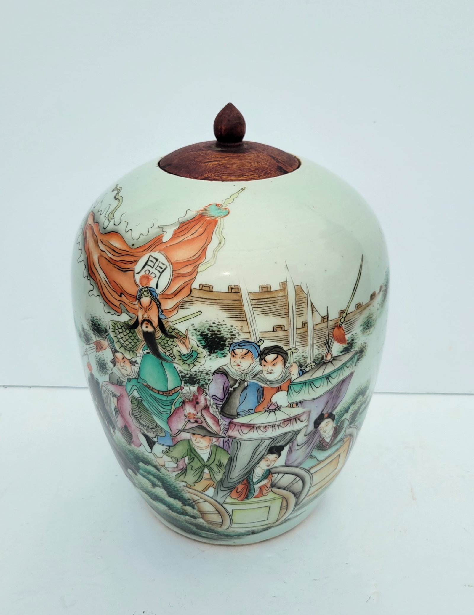 Large Antique Chinese Famille Rose Verte Jar Qing Emperor Immortal General Or Noble Horseback Sword (1 of 8)