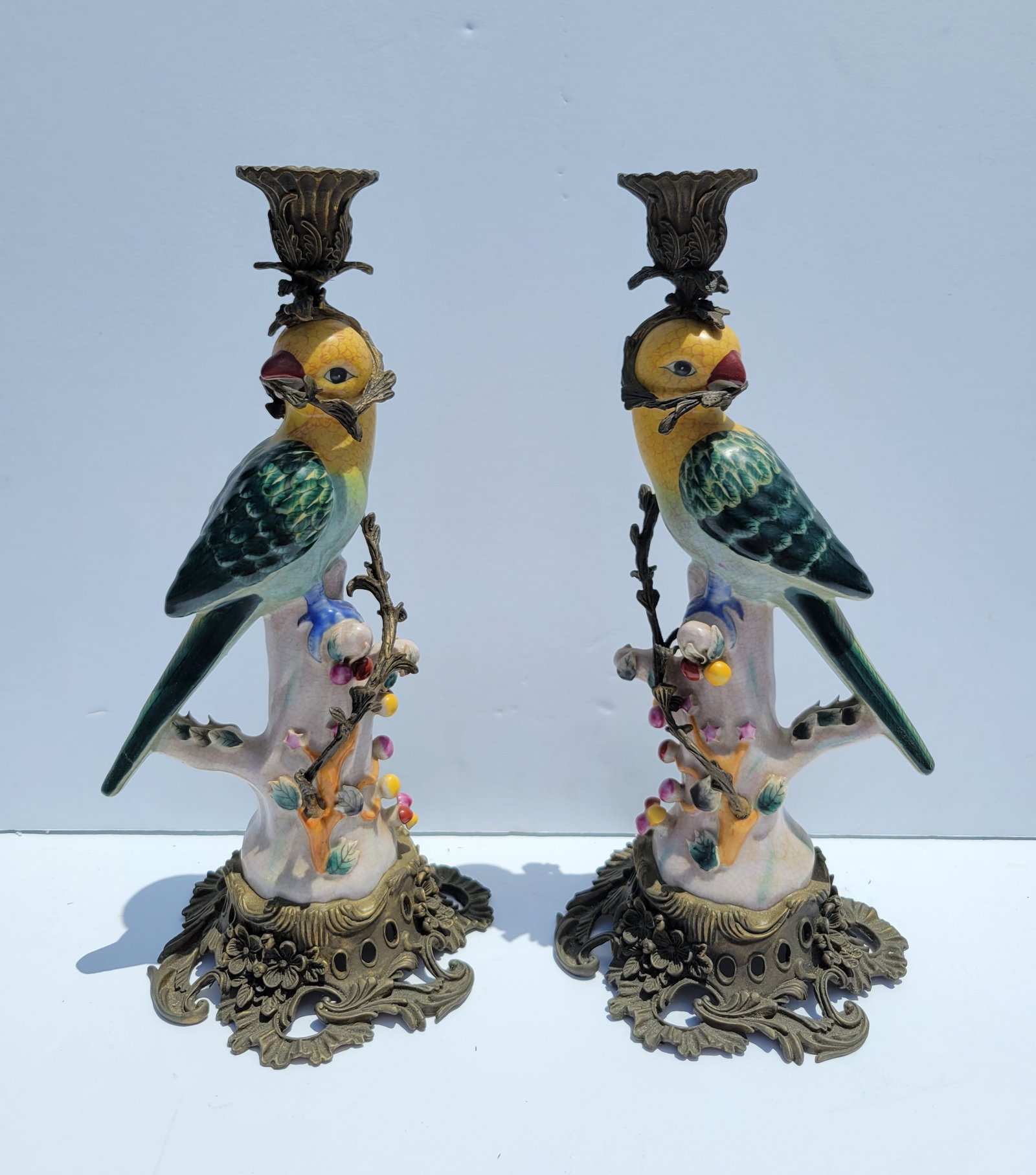 Pair Vintage Porcelain Ormolu Mounts 15in Parrot Candlesticks Bronze Animal Bird Figure Statue (1 of 4)