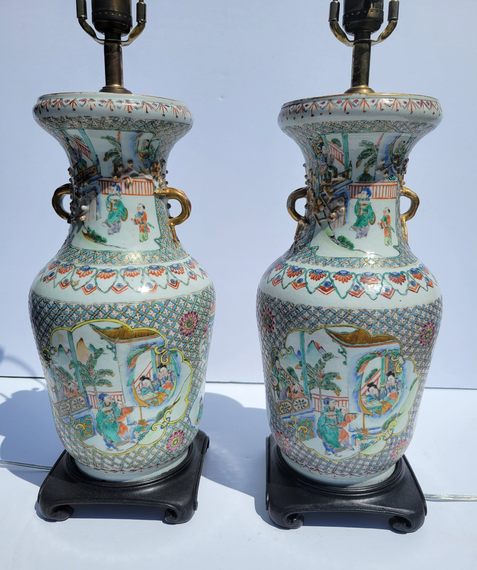 Pair Antique Chinese Famille Verte Rose Enamel Handled Vase Lamps Circa Late Qing (1 of 5)