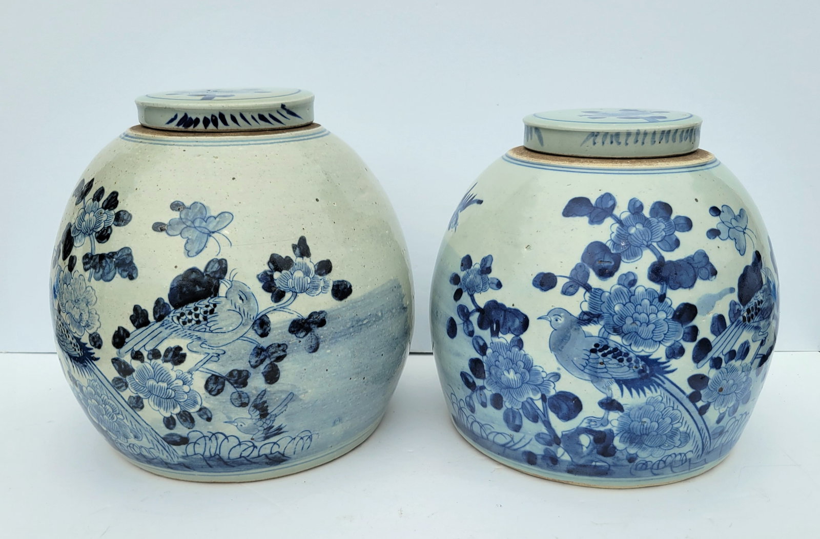Pair Large Graduated Antique Chinese Lidded Jars Qing Blue Decorated Between White And Pale Celadon (1 of 5)
