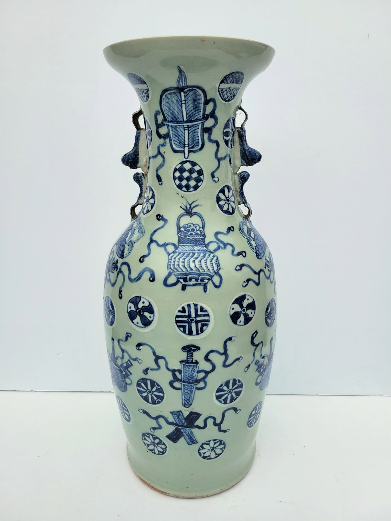 Large Antique Chinese Celadon Blue White Decorated Symbols Figural Handled Vase 22.5in Circa Late (1 of 6)
