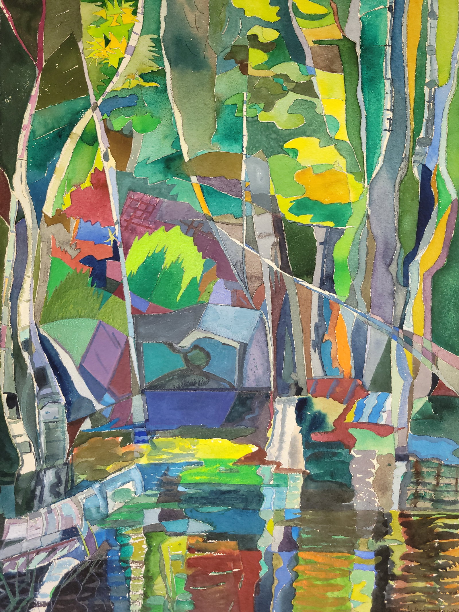 Large Michigan Modernist Karin Lindh Bodycombe Abstract Forest Stream Expressionist Landscape (1 of 4)