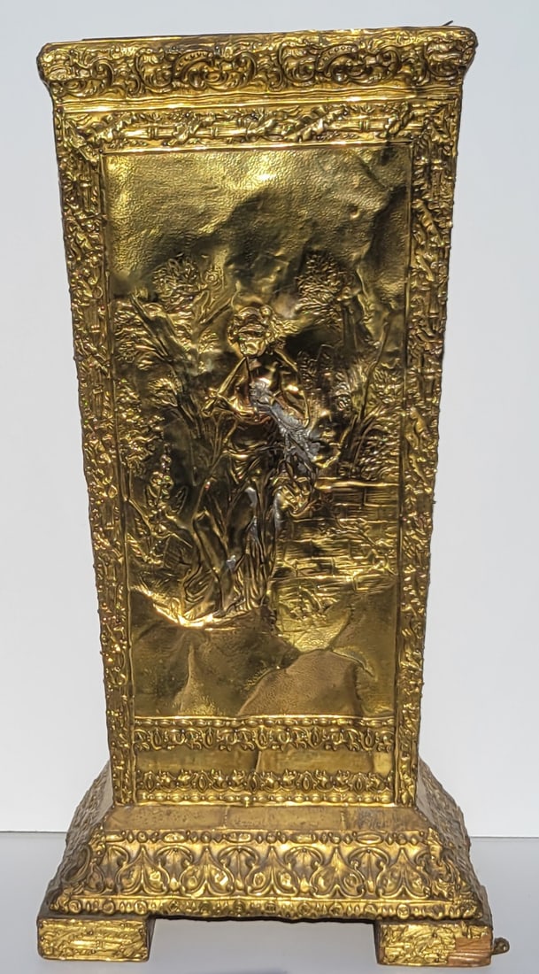 Antique Continental Brass Repousse Over Wood Tin Lined Umbrella Holder Footed Floor Stand 28in Nude: Provenance:Waterfront Bayshore Tampa Florida 50 year collector estate, name withheld by heirs.Description: Antique Continental Brass Repousse Over Wood Tin Lined Umbrella Holder Footed Floor Stand 28i
