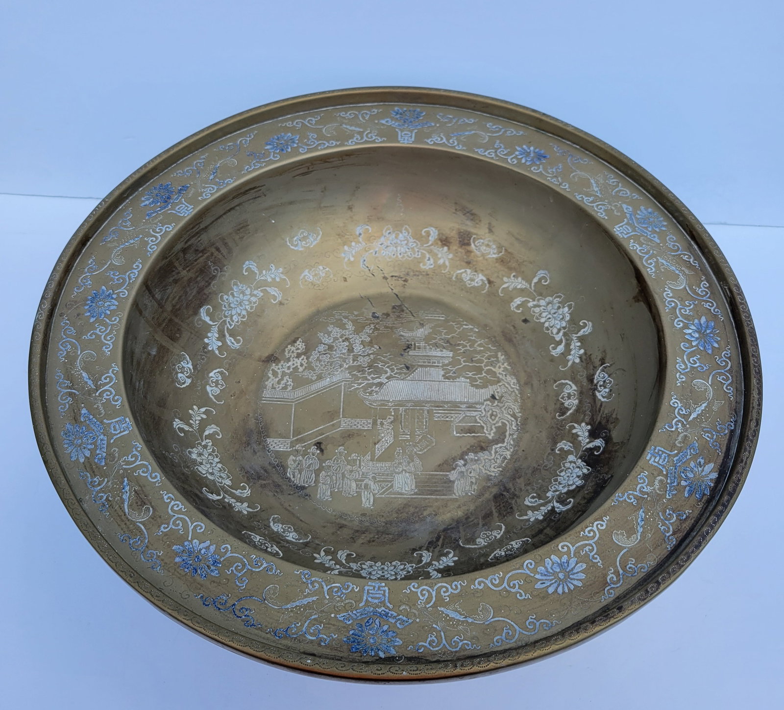 Very Large Antique Chinese Decorated Bronze Brass Basin Bowl With Stand 19.5in Circa Late Qing (1 of 2)