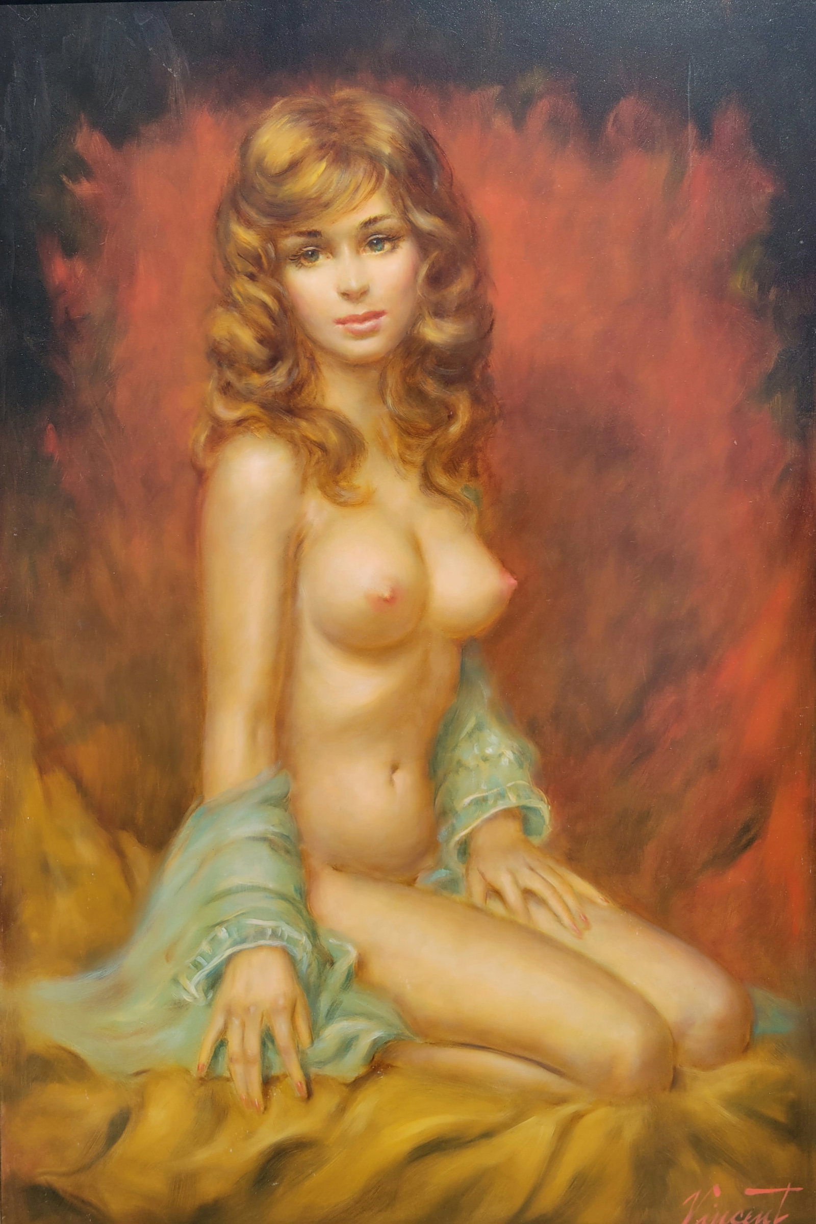 Large Nude Larry Vincent Garrison Pin Up California Female Portrait Young Woman Oil Painting With: Provenance:Florida waterfront residence of a retired U.S. military officer posted throughout the U.S. and abroad including in California, name withheld.Description: Large Nude Larry Vincent Garrison P