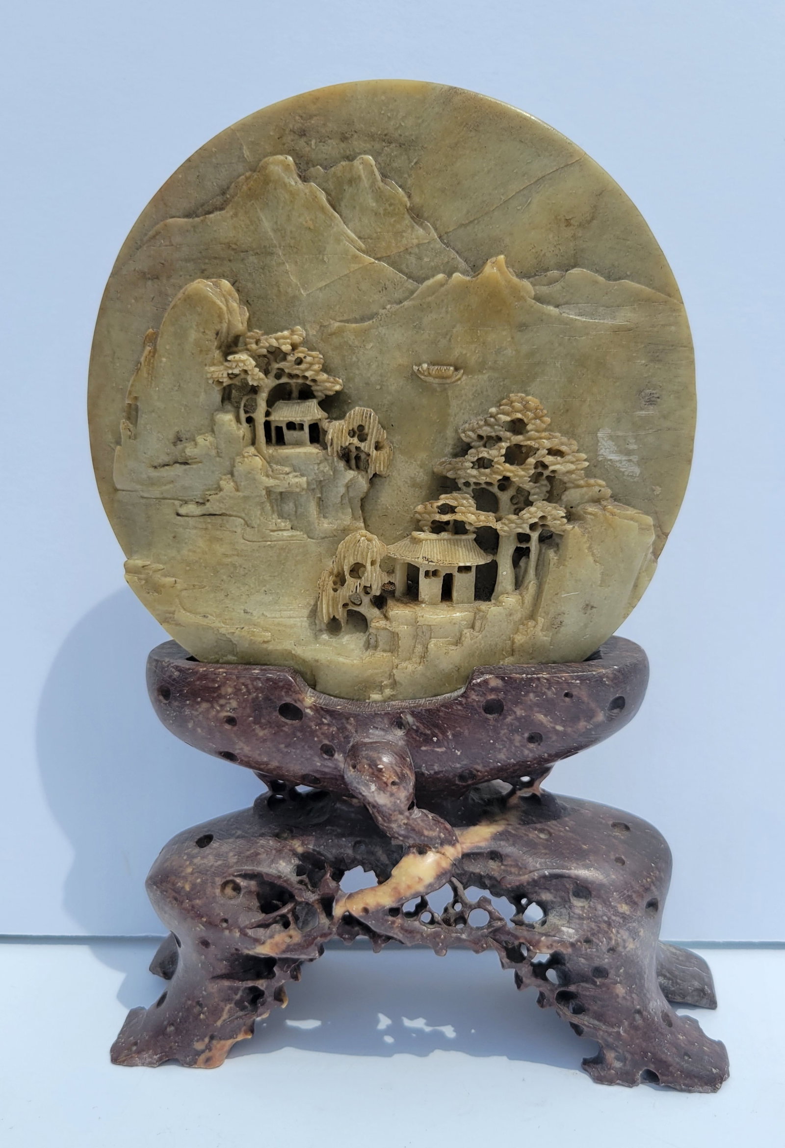 Antique Chinese Late Qing Carved Soapstone Mirror Moon Scholar Stone Landscape Plaque To Fix On (1 of 5)