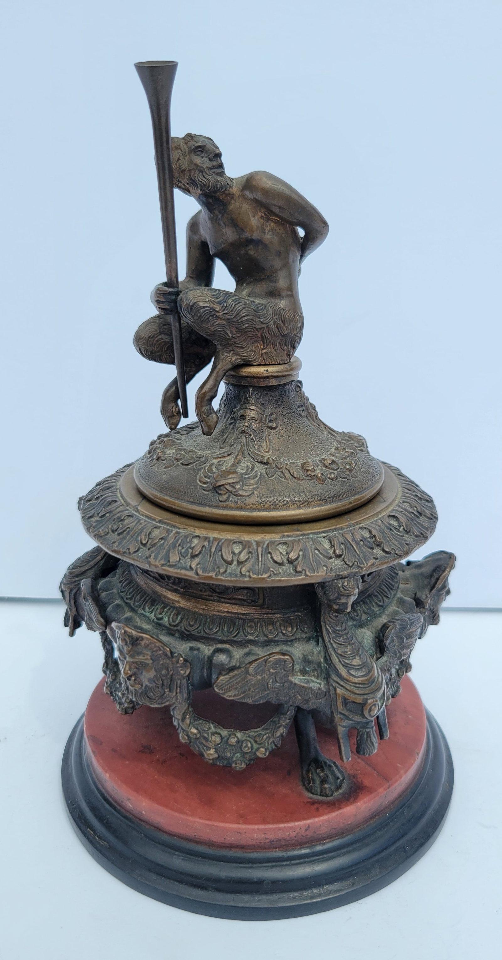 Fine French 19C Grand Tour Pan Figural Bronze Inkwell Marble Additional Figural Reliefs 7.25in (1 of 3)