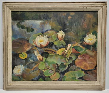 Exhibited Ejnar Hansen California Impressionist Lily Pad 24in x 30in Danish Modernist Waterlily Pond: Provenance: Acquired directly from the artist by Dr. M. Macy Chambers during the Great Depression in exchange for medical treatment, descended in the Chambers family to the present day.Description: Ex