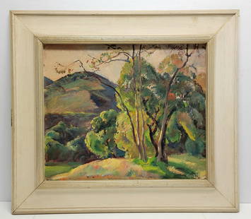 Ejnar Hansen California Impressionist Landscape 20in x 24in Danish Modernist Trees Hills Michigan: Provenance: Acquired directly from the artist by Dr. M. Macy Chambers during the Great Depression in exchange for medical treatment, descended in the Chambers family to the present day.Description: Ej