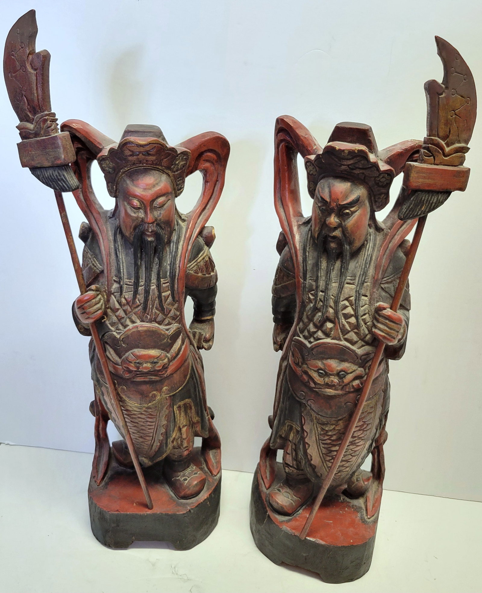 Pair Large Old Chinese Guardian Warrior Sword Statues Carved Wood Spear Blade Statue Figure (1 of 2)