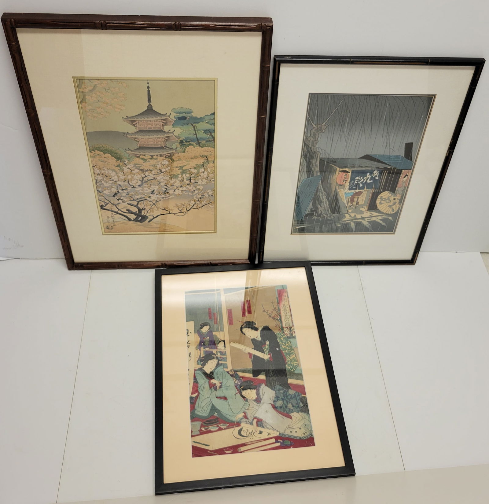 3 Vintage To Antique Japanese Color Woodblock Prints Kunichika Calligraphy Painting Tomikichiro: 3 Vintage To Antique Japanese Color Woodblock Prints Kunichika Calligraphy Painting Tomikichiro Tokuriki Noodle Restaurant At Yakai Benji Asada Cherry Blossoms Of Omuro In Kyoto with Collectors Guild