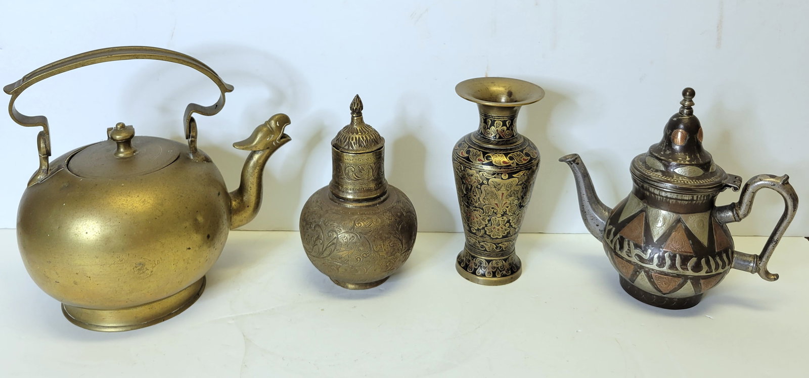 Lot 4 Islamic Asian Persian Indian Brass Decorated Mixed Metal Teapots Jar Vase Vintage And Antique (1 of 3)