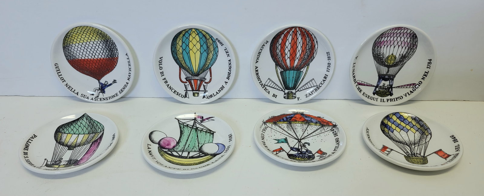 Set 8 Piero Fornasetti Coasters Balloons Historical Transfer Printed Art Deco To MCM Mid Century: Set 8 Piero Fornasetti Coasters Balloons Historical Transfer Printed Art Deco To MCM Mid Century Modern 4.125in.Provenance: Palm Beach County, Florida estate, name withheld CX NRL 1Shipping: Except fo