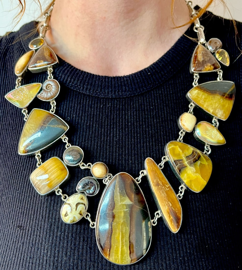 Impressive Big Amber Silver Fossils Stone Set Necklace Collar Texas Heirs Collection 1 Of 15 22in (1 of 5)