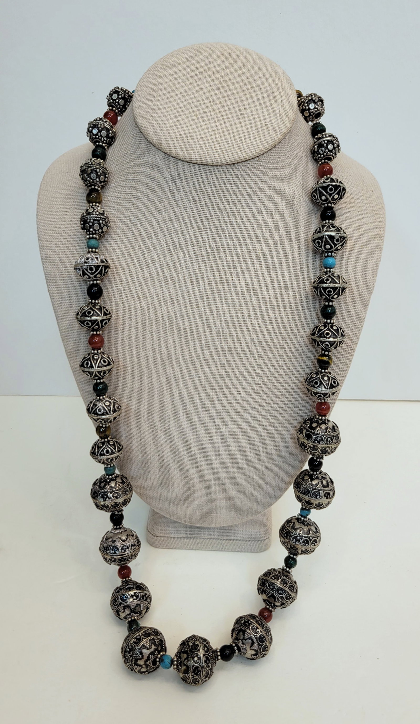 Large Relief Silver Bead Hardstone Necklace Turquoise Carnelian Tiger Eye Malachite Accents 32in (1 of 3)