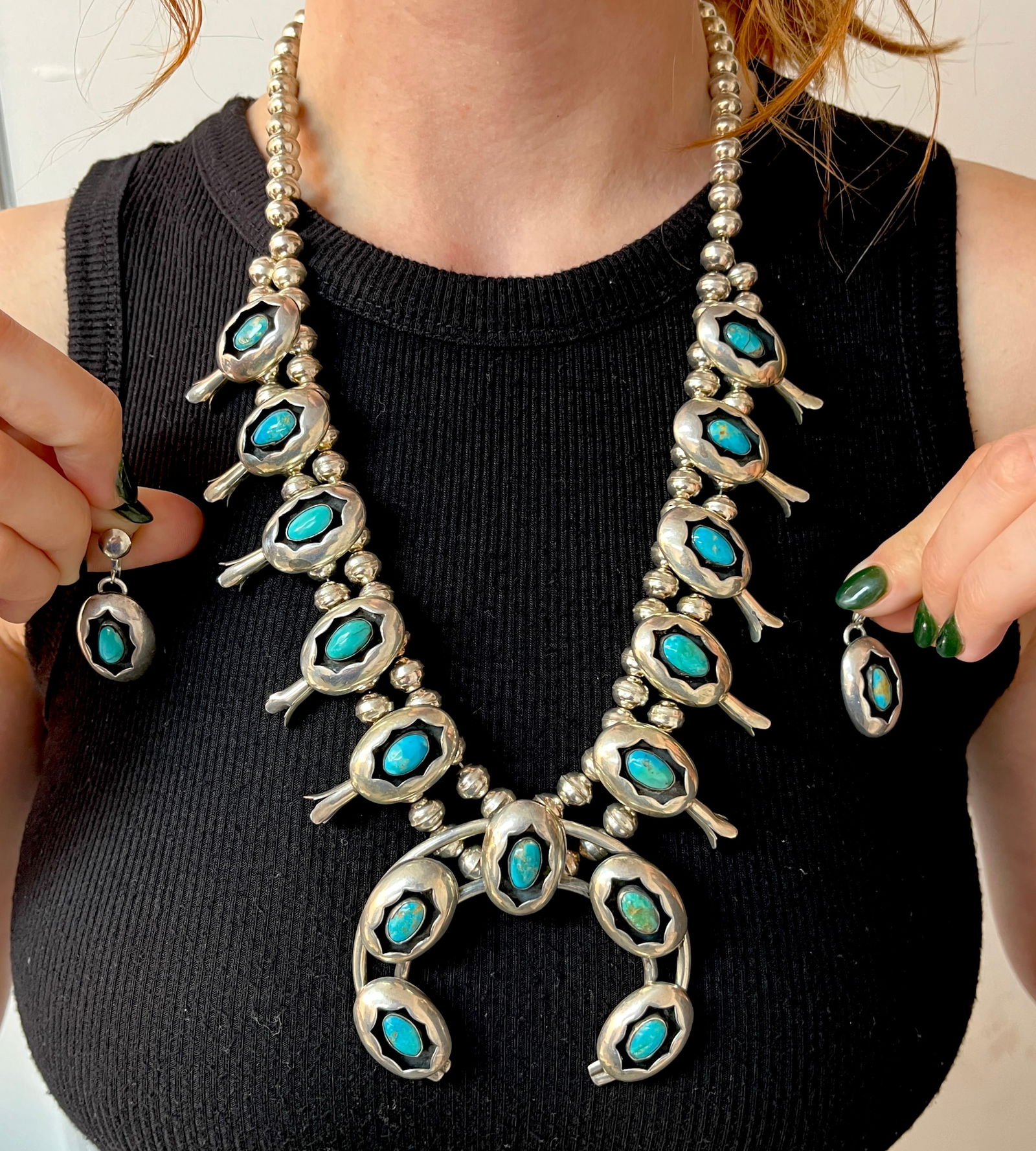 Vintage Set Native American Turquoise Sterling Silver Bead Squash Blossom Necklace 4.4Tozt 23in (1 of 9)