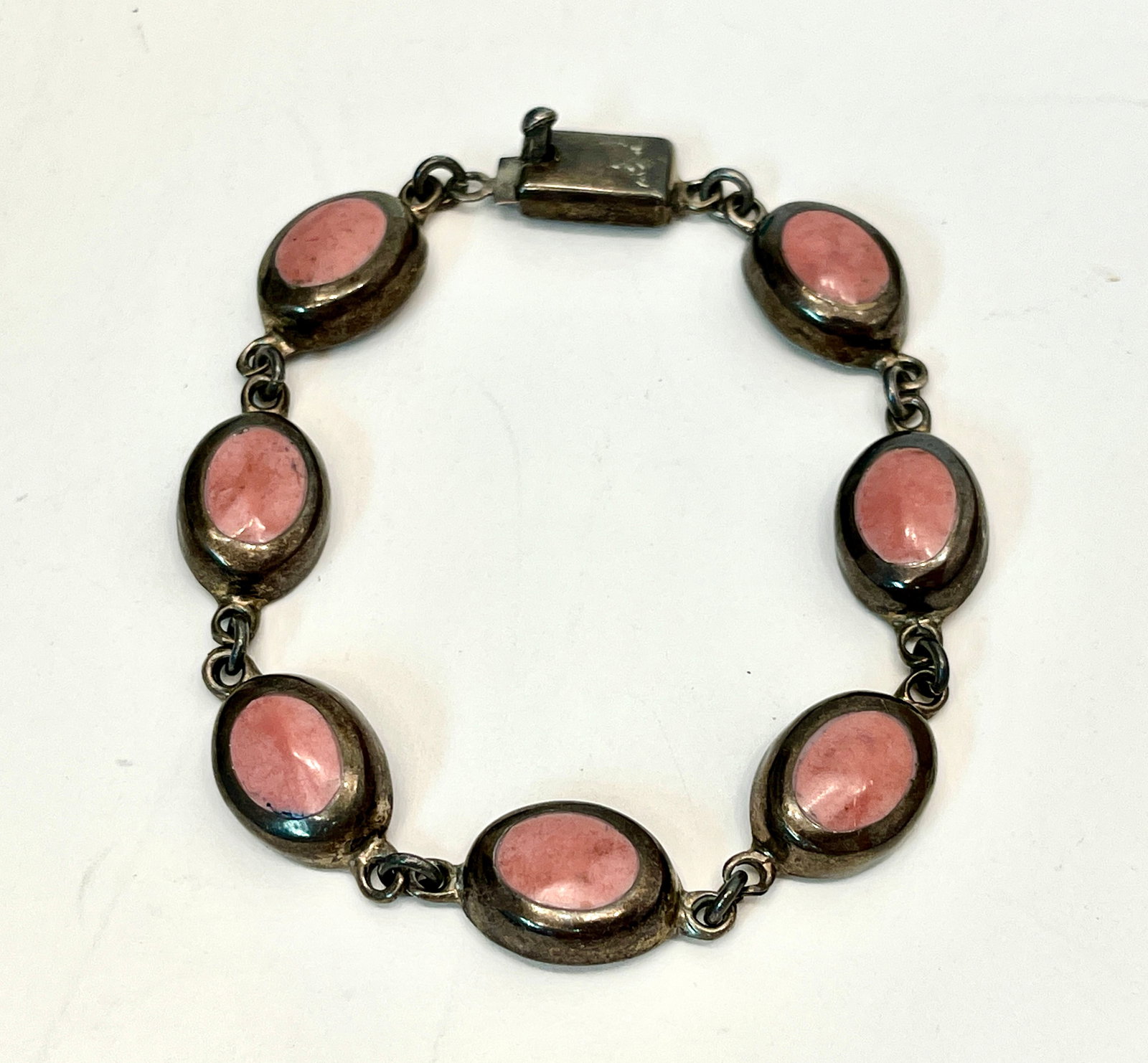 Vintage Mexican Sterling Silver Bracelet Pink Stones Arts Crafts Deco 7.5in 1.1Tozt (1 of 3)