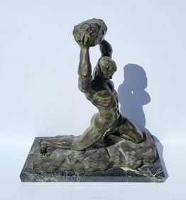 Alexander Ouline Art Deco Male Nude Athlete With Rock Bronze Statue Sculpture Signed On Base Outline