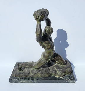 Alexander Ouline Art Deco Male Nude Athlete With Rock Bronze Statue Sculpture Signed On Base Outline: Alexander Ouline Art Deco Male Nude Athlete With Rock Bronze Statue Sculpture Signed On Base Outline And Impressed Bronze France Verdigris Highlights. Dimensions: 19in including 1in marble plinth