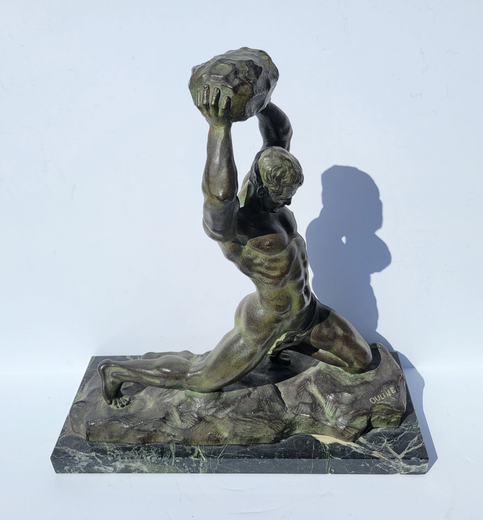 Alexander Ouline Art Deco Male Nude Athlete With Rock Bronze Statue Sculpture Signed On Base Outline