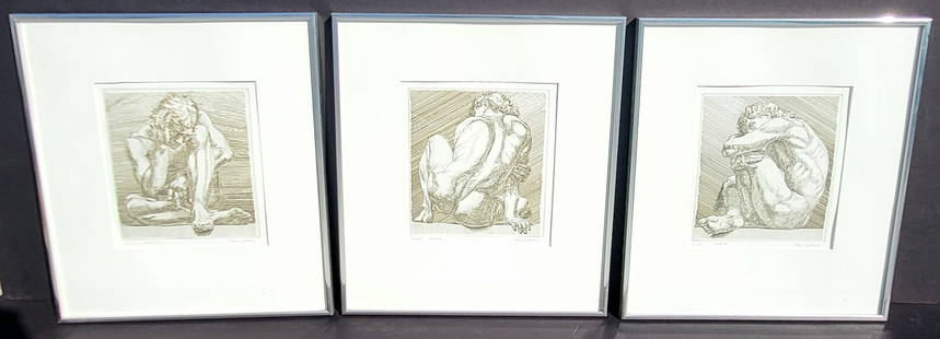 Set 3 Paul Cadmus Nude Male Etchings Ed 25 Of 100 Nude Numbers 1 And 2 And 3 Each Signed In Pencil: Set 3 Paul Cadmus Nude Male Etchings Ed 25 Of 100 Nude Numbers 1 And 2 And 3 Each Signed In Pencil And In Plate. Dimensions: 8 x 8.5 inches visible within mat, 18.25in x 16.25in framed. Shipping: