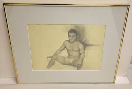 John Lear Male Semi Nude Realist Signed Drawing 1990: John Lear Male Semi Nude Realist Signed Drawing 1990. Dimensions: sight- 13.25in x 9.6in, frame- 20.25in x 16.25in Shipping: Visit StedmanShipping Dot Com for all info. Note large or heavy bronzes