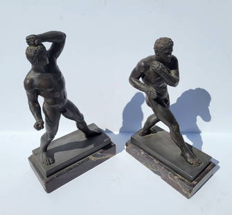 Set of 2 Grand Tour Creugas And Damoxenos The Pugulists After Canova Bronze Male Partially Nude: Set of 2 Grand Tour Creugas And Damoxenos The Pugulists After Canova Bronze Male Partially Nude Statue Sculpture. Dimensions: 11.25in average height including 1.25in variegated dark red marble plinth