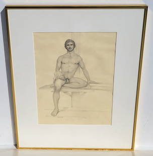 John Lear Male Nude Realist Signed Drawing: John Lear Male Nude Realist Signed Drawing. Dimensions: sight- 13in x 10in, frame- 20.5in x 16.5in Shipping: Visit StedmanShipping Dot Com for all info. Note large or heavy bronzes and concrete